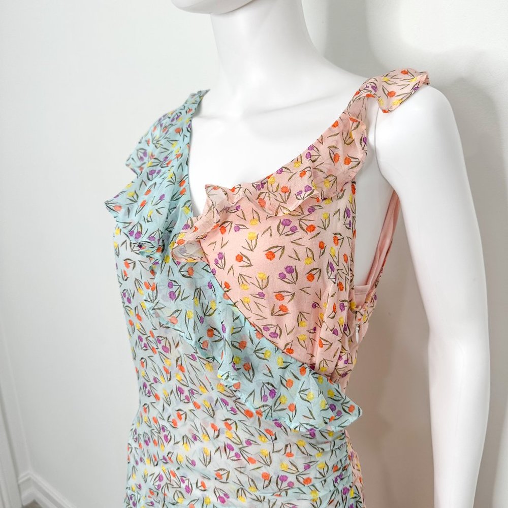 Anthropologie LAIA Mixed Floral Print Ruffle Asymmetrical Midi Dress Pink Blue - Picture 5 of 17